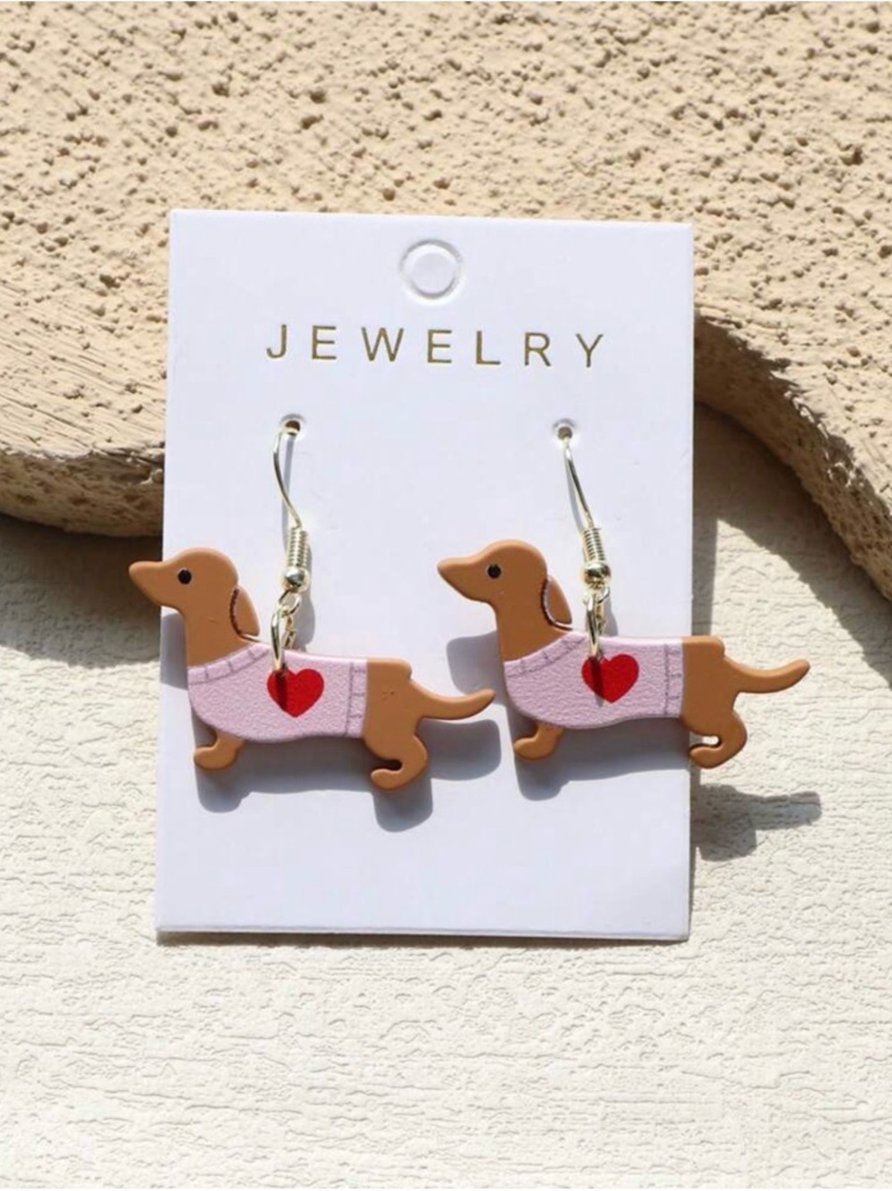 Dachshund Dog Earrings in Pink with Red Heart -